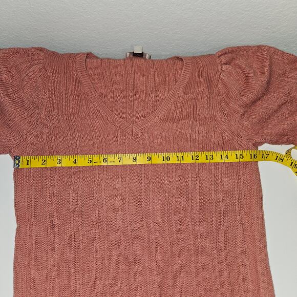 LOFT Outlet Dusty Pink Ribbed Knit V-Neck Puff Sleeve Sweater Sz Small Peasant - Picture 5 of 6